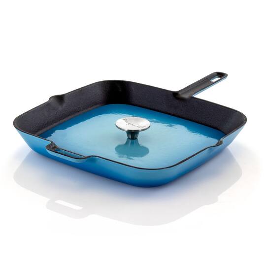 MegaChef 11" Square Blue Enamel Cast Iron Grill Pan with Matching Grill Press